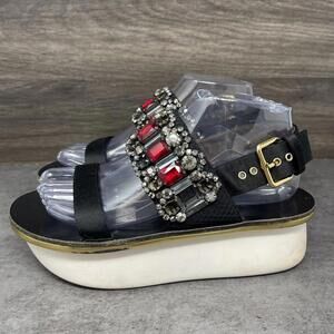 MARNI Jeweled Platform Sandals Womens Size 7 (38) Black Leather Satin